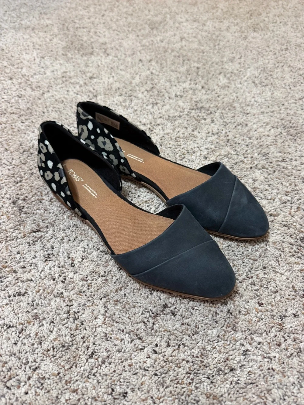 TOMS Black Flats with Black & White Leopard Heel Accent